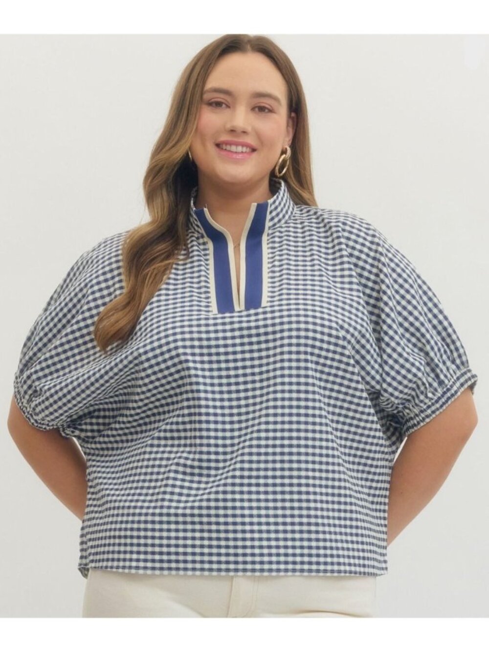 NWT Entro Plus Size Gingham Short Dolman Sleeve Top V-Neck